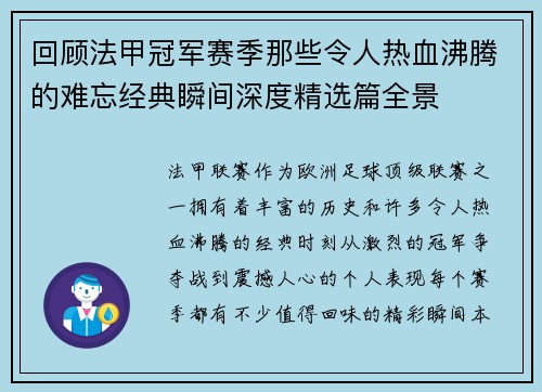 回顾法甲冠军赛季那些令人热血沸腾的难忘经典瞬间深度精选篇全景