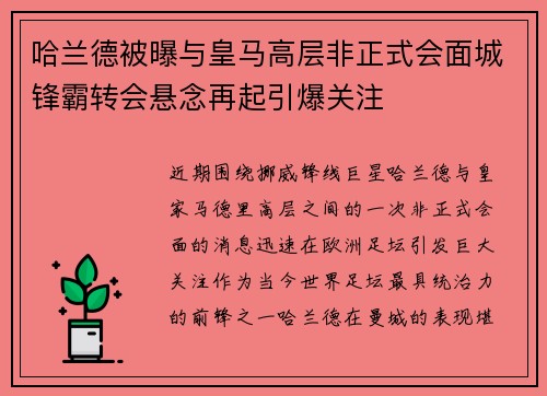 哈兰德被曝与皇马高层非正式会面城锋霸转会悬念再起引爆关注