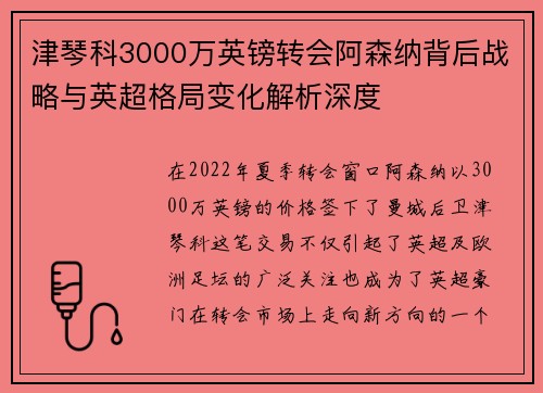 津琴科3000万英镑转会阿森纳背后战略与英超格局变化解析深度